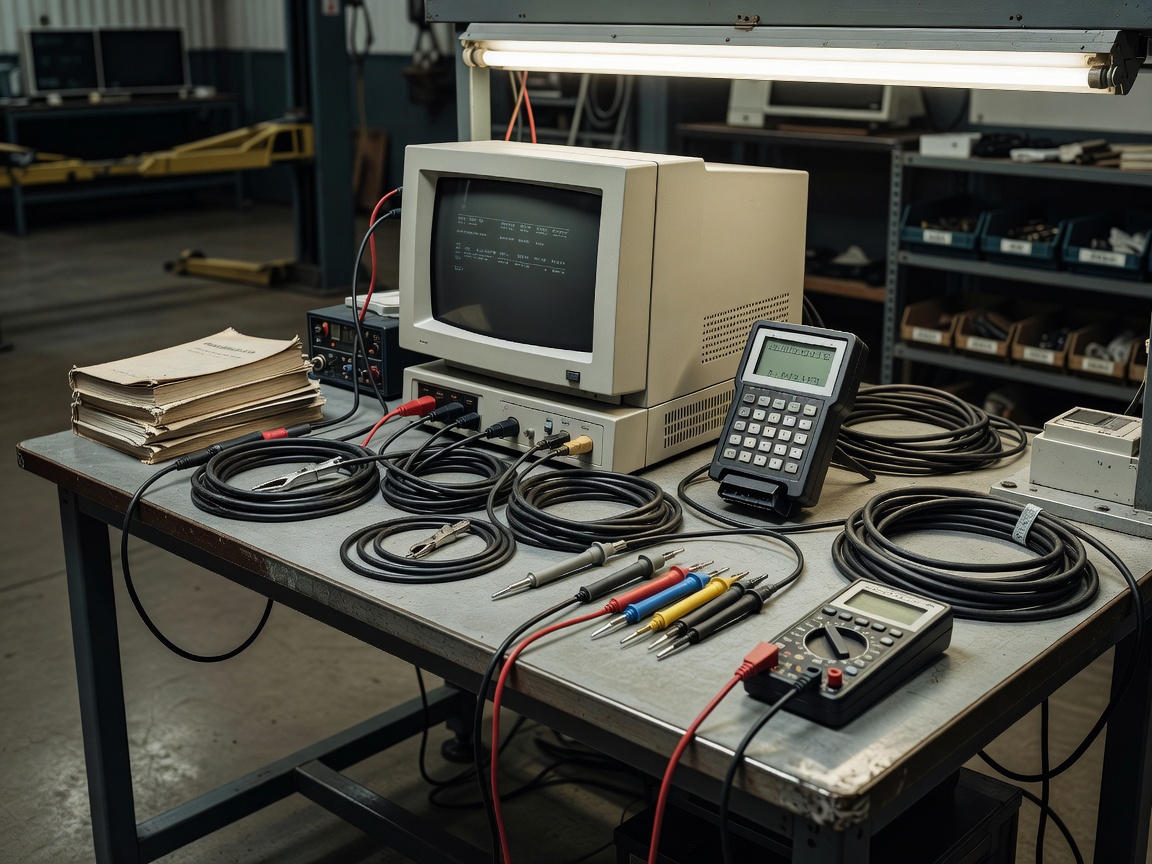 Automotive diagnostic equipment arranged on a controlled workshop bench