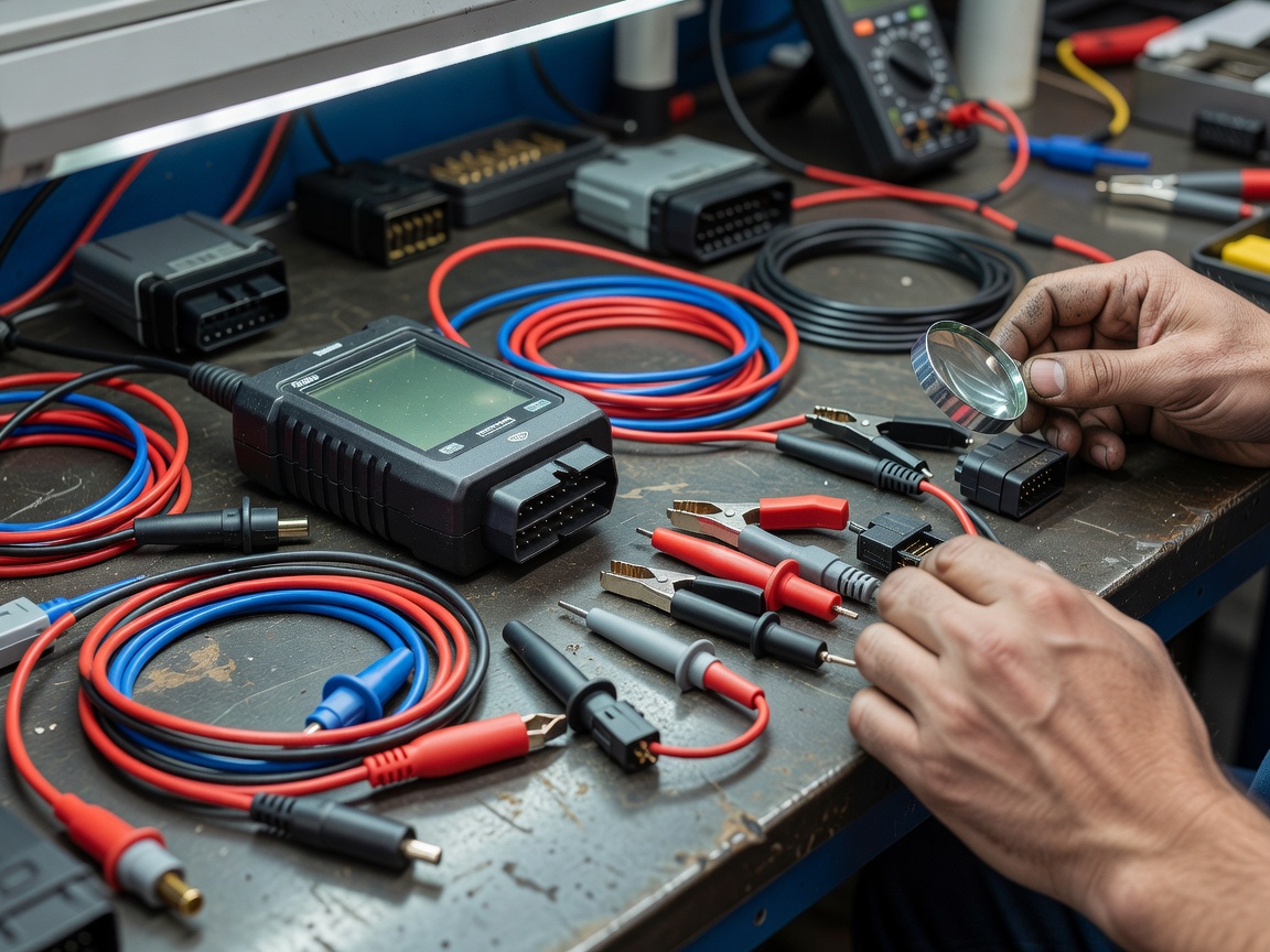 Automotive diagnostic hardware, leads and connectors being inspected on a workbench