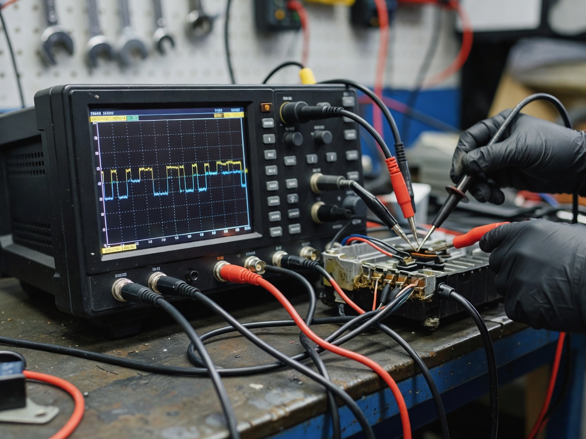 Automotive oscilloscope and diagnostic leads used during equipment inspection