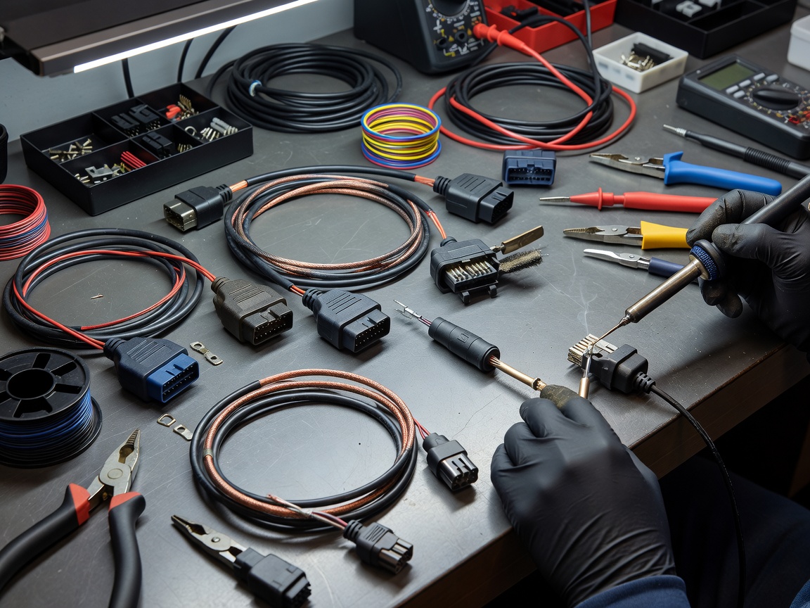 Diagnostic cables and connectors undergoing workshop servicing