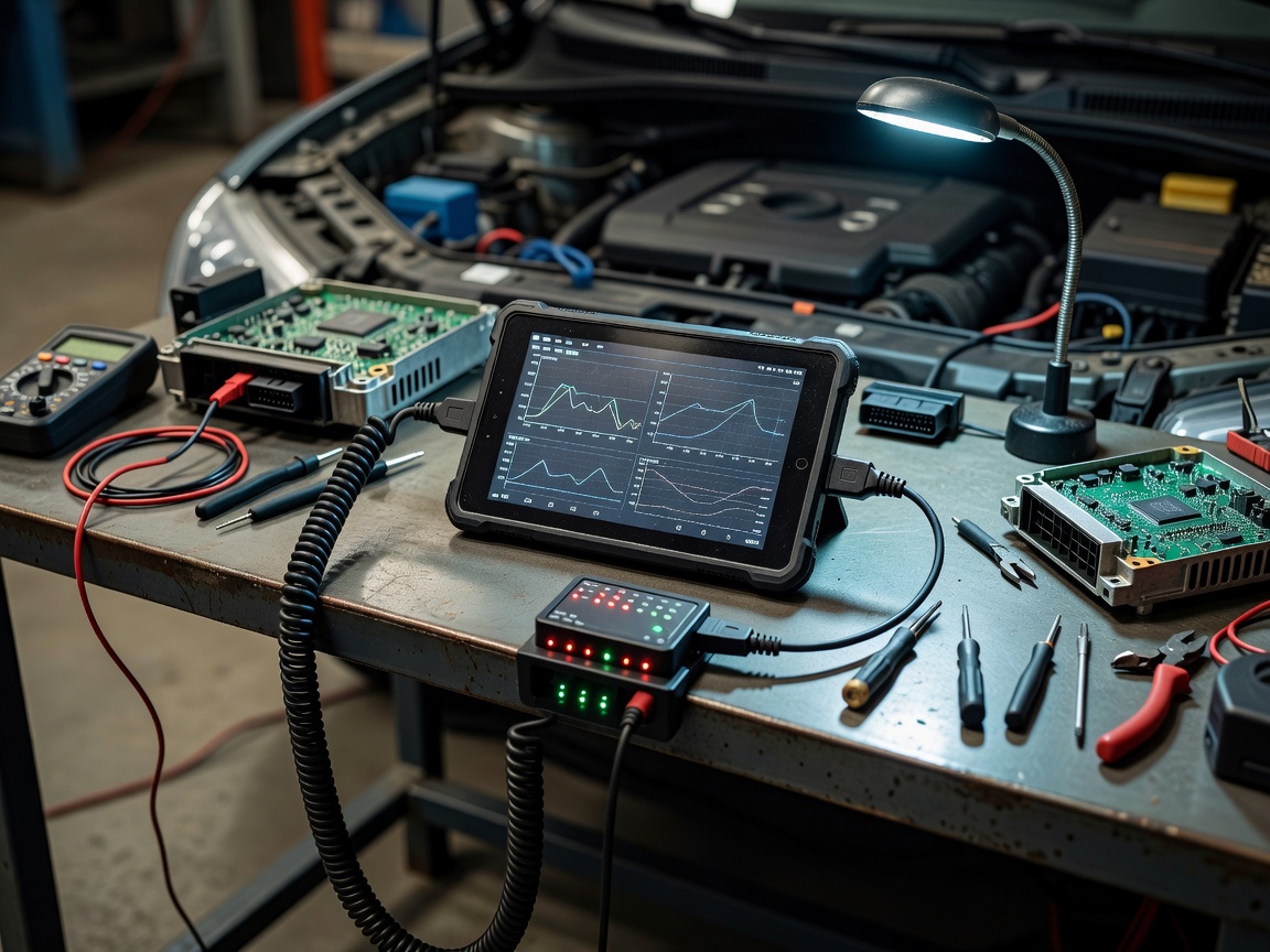 Diagnostic tablet connected to a vehicle interface in an automotive electronics workspace