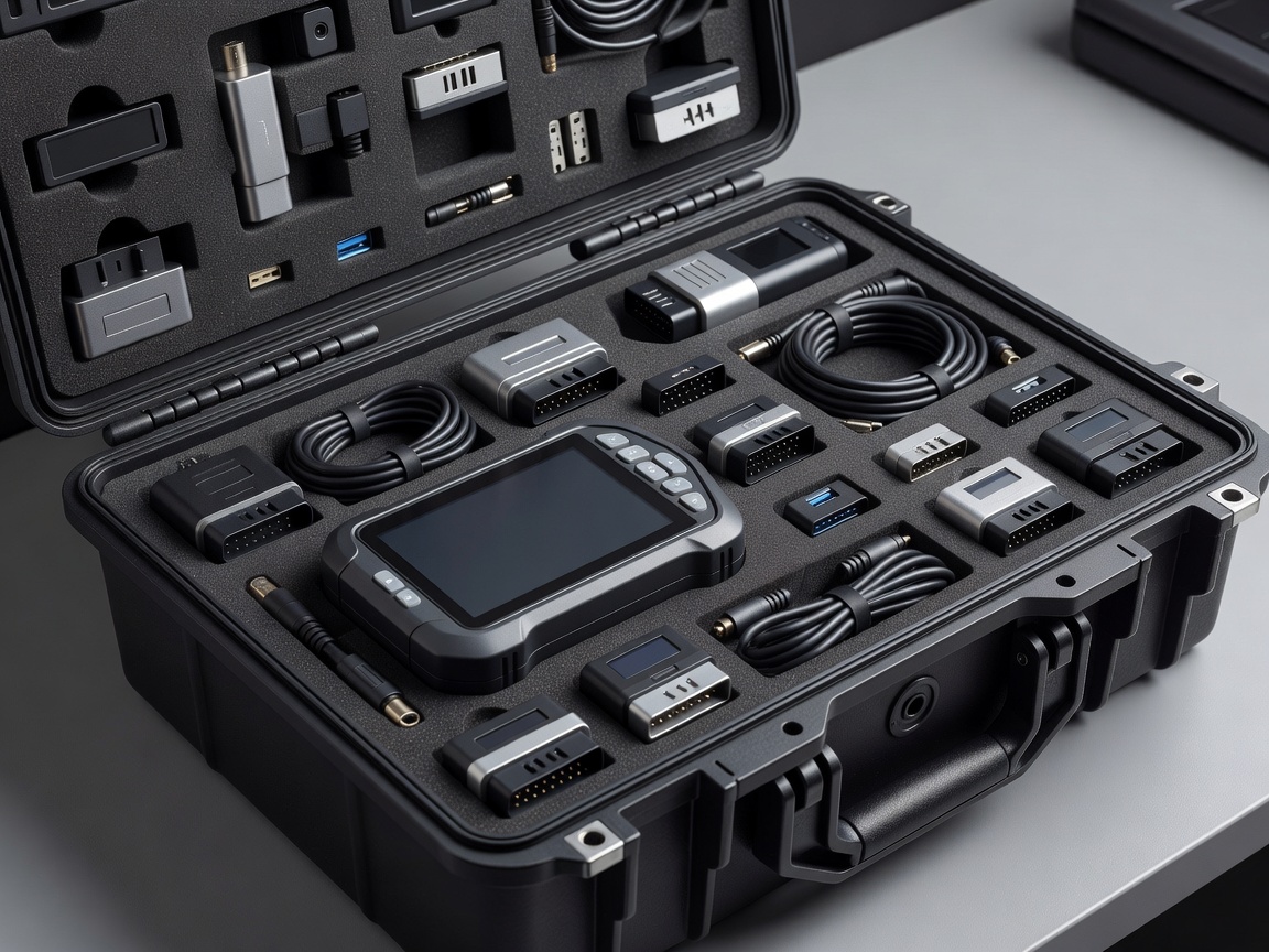 Professional automotive scan tools and interfaces in a protective equipment case